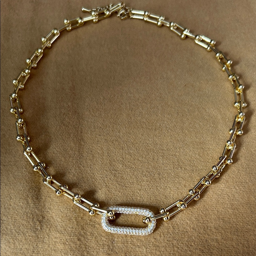 Gold Plated Hardware Linked Horsebit Necklace with Pave Oval Center NEW